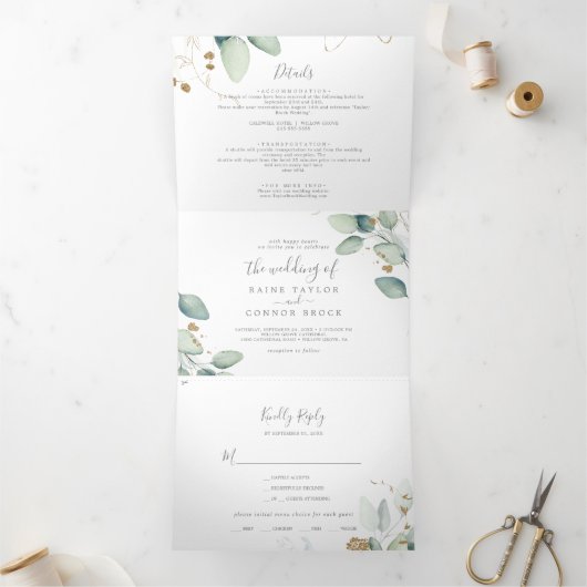Airy Greenery | Leaf Back Wedding All in One Drieluik Uitnodiging (Binnen)