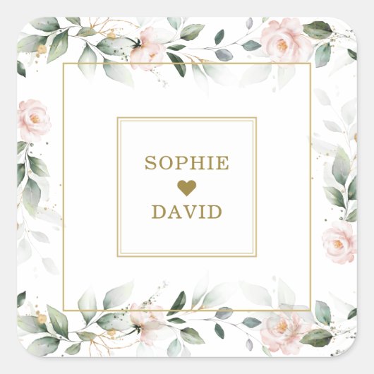 Airy Greenery Pink Floral Wedding Envelope Seals Vierkante Sticker (Voorkant)