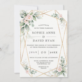 Airy Greenery Pink Flowers Gold in 1 bruiloft Kaart