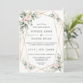 Airy Greenery Pink Flowers Gold in 1 bruiloft Kaart