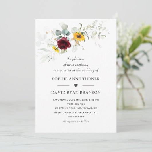 Airy Greenery Sunflower Burgundy Gold Wedding Kaart (Staand voorkant)