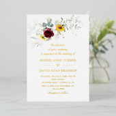 Airy Greenery Sunflowers Burgundy Gold Wedding Folie Uitnodiging (Staand Voorkant)