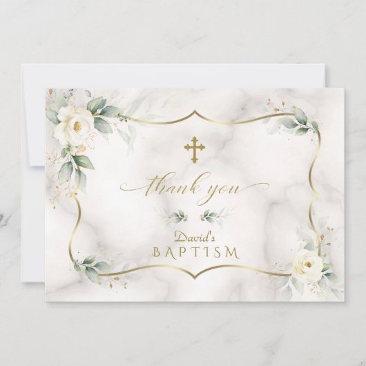 Airy Greenery White Floral Gold Marble Baptisme Bedankkaart (Voorkant)