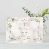 Airy Greenery White Floral Gold Marble Baptisme Bedankkaart (Staand voorkant)