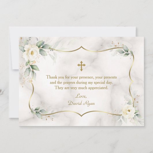 Airy Greenery White Floral Gold Marble Baptisme Bedankkaart (Achterkant)