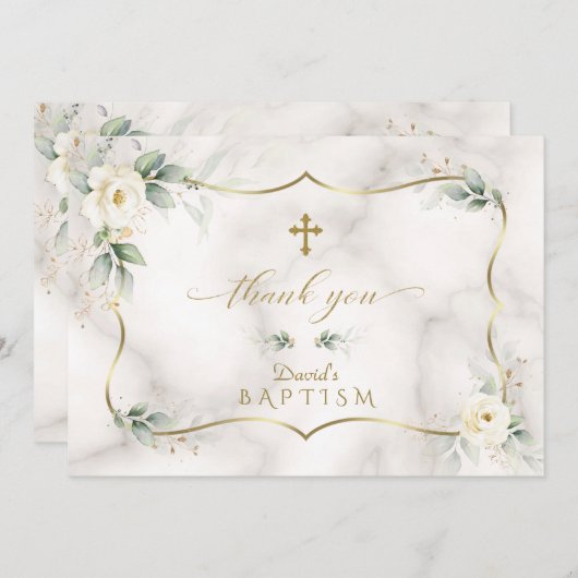 Airy Greenery White Floral Gold Marble Baptisme Bedankkaart (Voorkant / Achterkant)