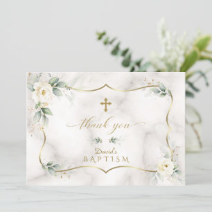 Airy Greenery White Floral Gold Marble Baptisme Bedankkaart