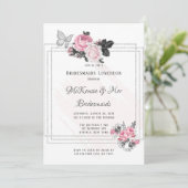 Airy Pink Black Peony Silver Bridesmaids Luncheon Kaart (Staand voorkant)