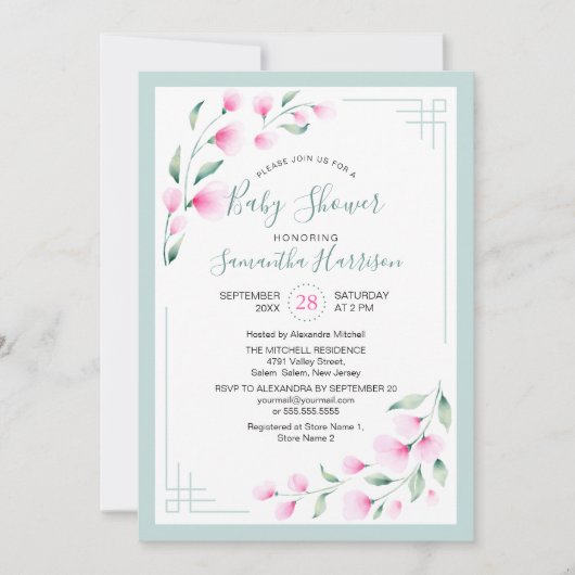 Airy Pink Green Mint Waterverf Floral Baby shower Kaart (Voorkant)