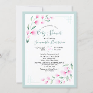 Airy Pink Green Mint Waterverf Floral Baby shower Kaart