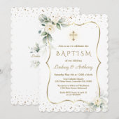 Airy White Flowers Gold Cross Twins Baptisme Kaart (Voorkant / Achterkant)