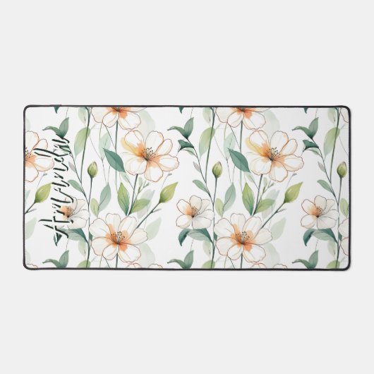 Airy White Flowers Greenery Pattern Blossom Floral Bureaumat (Voorkant)