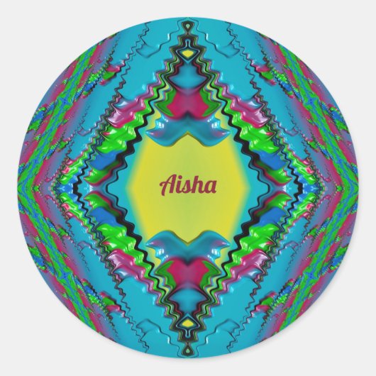 AISHA ~ Black Pink Blue en Yellow Fractal ~ Class Ronde Sticker (Voorkant)