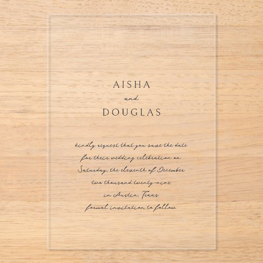 Aisha Elegant Modern Wedding Save the Date Acryl Uitnodigingen (Voorkant)