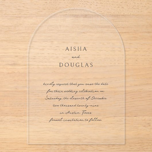 Aisha Elegant Modern Wedding Save the Date Acryl Uitnodigingen (Voorkant)