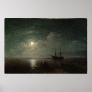 Aivazovsky - Zeegezicht met volle maan 1857 Poster