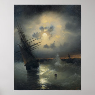 Aivazovsky - Zeilschip op volle zee bij maneschijn Poster