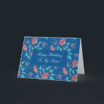 Aiyana Floral Batik Happy Birthday Sister Kaart<br><div class="desc">2012 © Floating Lemons ALLE PRODUCTEN & ACHTERGRONDKLEUREN ZIJN VOLLEDIG . Een prachtig modern eigentijds batikprint ontwerp met gestileerde lotusbloemmotieven in mahonierood en vlinders,  geplaatst tegen een geometrisch achtergrondpatroon in een prachtig Venetiaans blauw. Een prachtig ontwerp voor kaarten en geschenken!</div>