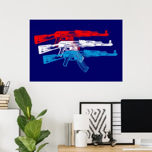 AK 47, rood, wit en blauw Poster (Thuiskantoor)