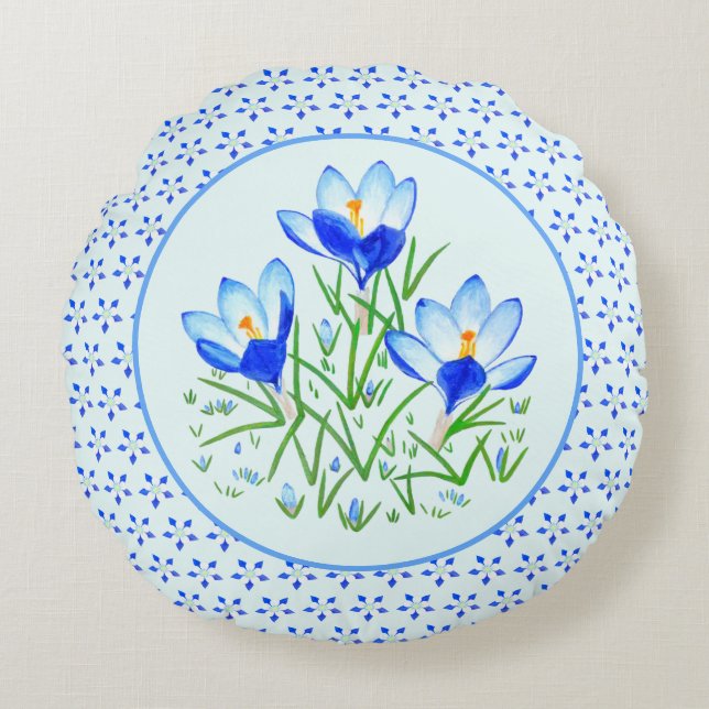 Akelei en blauwe krokussen rond kussen (Voorkant)