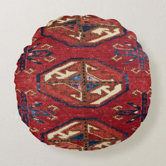 Akhal Oasis Red Stars Blue Star Medallion  Rond Kussen (Voorkant)