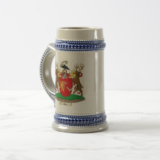 Akins Clan Crest & Coat of Arms Ceramic Stein Bierpul (Voorkant links)