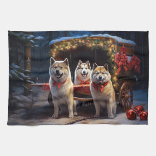 Akita Besneeuwde slee-rit Kerstdecoratie Theedoek