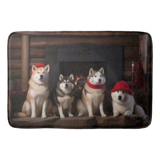 Akita bij de Haard Kerstmis Badmat (Voorkant)