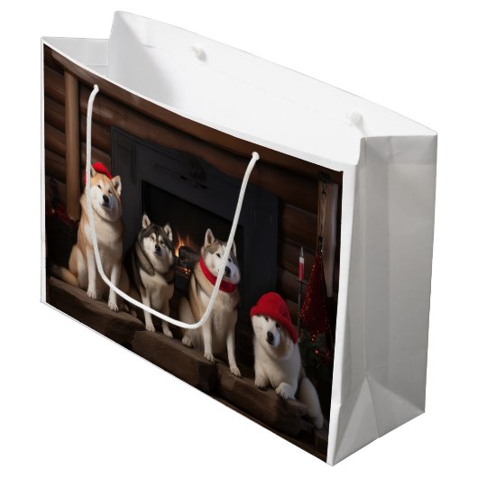 Akita bij de Haard Kerstmis Groot Cadeauzakje (Voorkant Gekanteld)