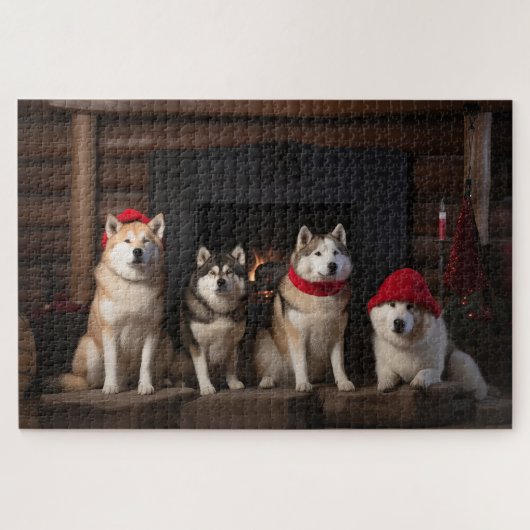 Akita bij de Haard Kerstmis Legpuzzel (Horizontaal)