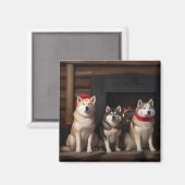 Akita bij de Haard Kerstmis Magneet (Voorkant / Achterkant)