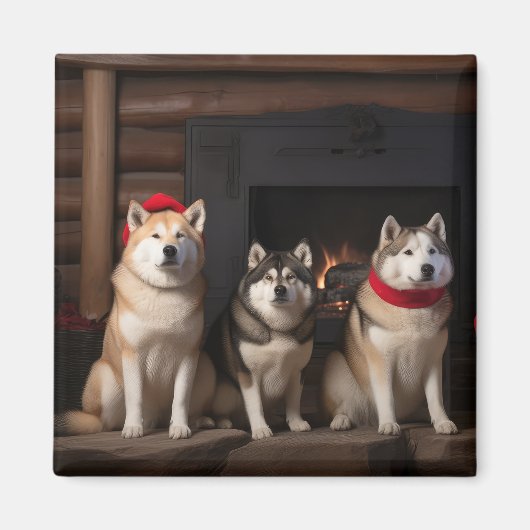 Akita bij de Haard Kerstmis Magneet (Voorkant)