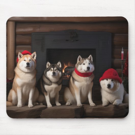 Akita bij de Haard Kerstmis Muismat (Voorkant)
