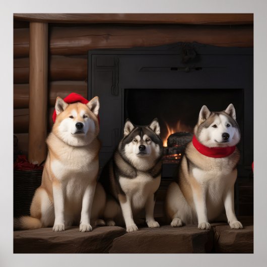 Akita bij de Haard Kerstmis Poster (Voorkant)