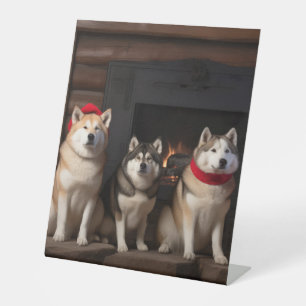 Akita bij de Haard Kerstmis Reclamebord Met Voetstuk