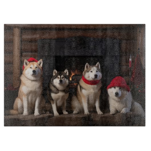 Akita bij de Haard Kerstmis Snijplank (Voorkant)