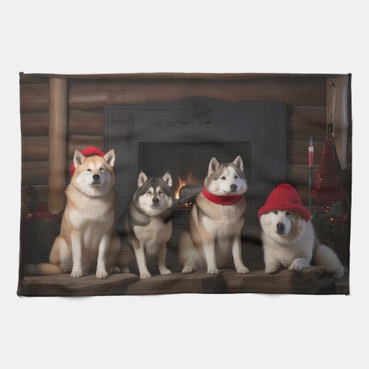 Akita bij de Haard Kerstmis Theedoek (Horizontaal)