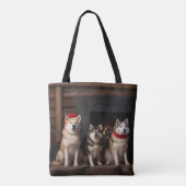 Akita bij de Haard Kerstmis Tote Bag (Achterkant)