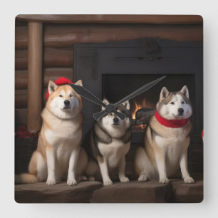 Akita bij de Haard Kerstmis Vierkante Klok
