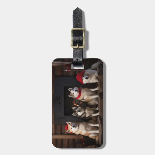Akita bij de open haard Kerstmis Bagagelabel (Voorkant verticaal)