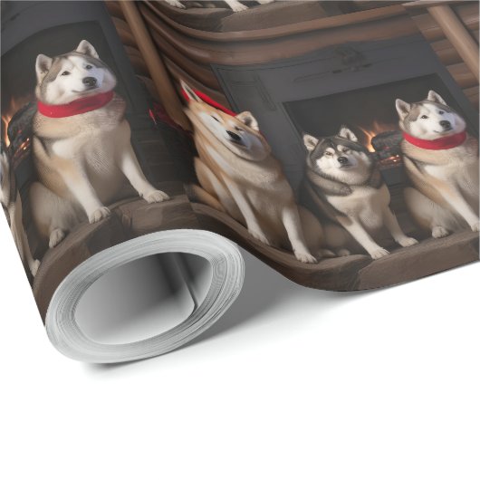 Akita bij de open haard Kerstmis Cadeaupapier (Rol Hoek)