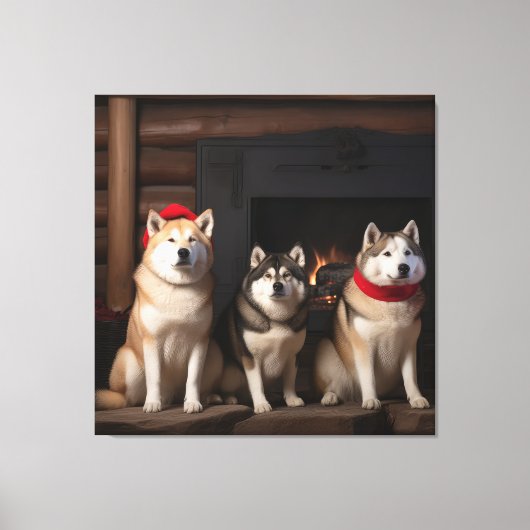 Akita bij de open haard Kerstmis Canvas Afdruk (Voorkant)