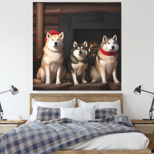 Akita bij de open haard Kerstmis Canvas Afdruk (Insitu (Slaapkamer))