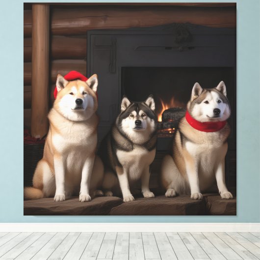 Akita bij de open haard Kerstmis Canvas Afdruk (Insitu (Houten vloer))