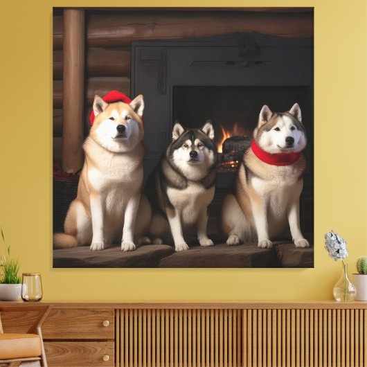 Akita bij de open haard Kerstmis Canvas Afdruk (Insitu (Woonkamer))