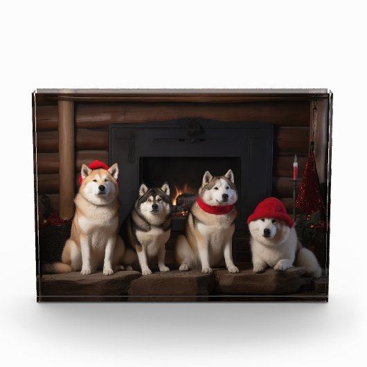 Akita bij de open haard Kerstmis Fotoblokken (Voorkant)