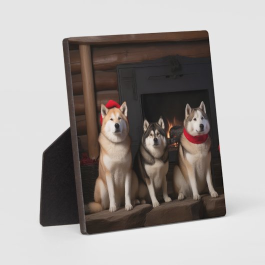 Akita bij de open haard Kerstmis Fotoplaat (Voorkant)