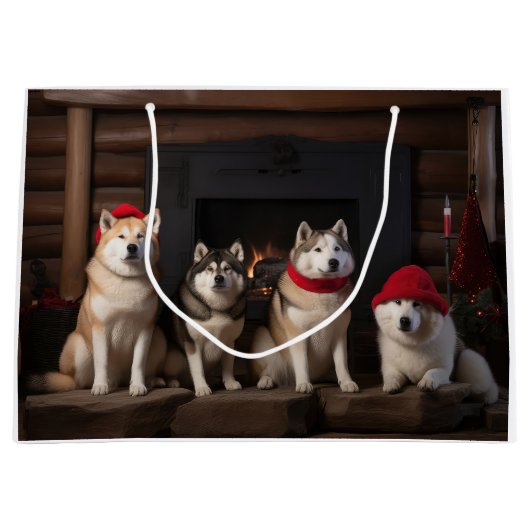 Akita bij de open haard Kerstmis Groot Cadeauzakje (Voorkant)