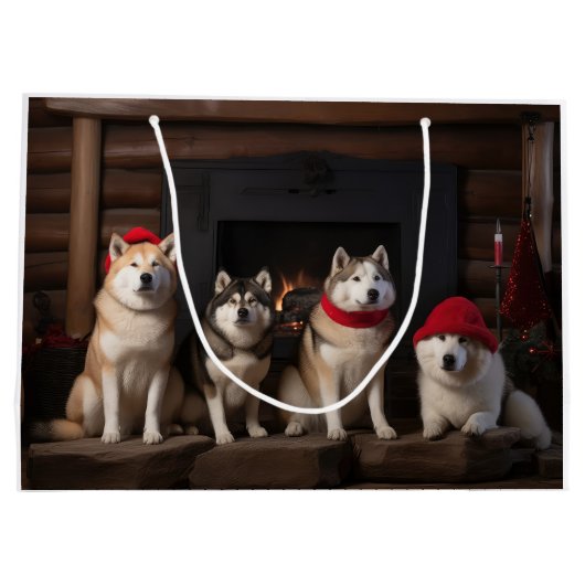 Akita bij de open haard Kerstmis Groot Cadeauzakje (Achterkant)