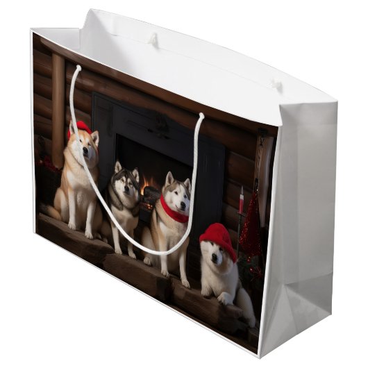 Akita bij de open haard Kerstmis Groot Cadeauzakje (Achterkant Gekanteld)